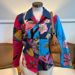 Vintage Floral Patchwork Denim Women's Blazer Jacket, Indie Boho Cottagecore, M